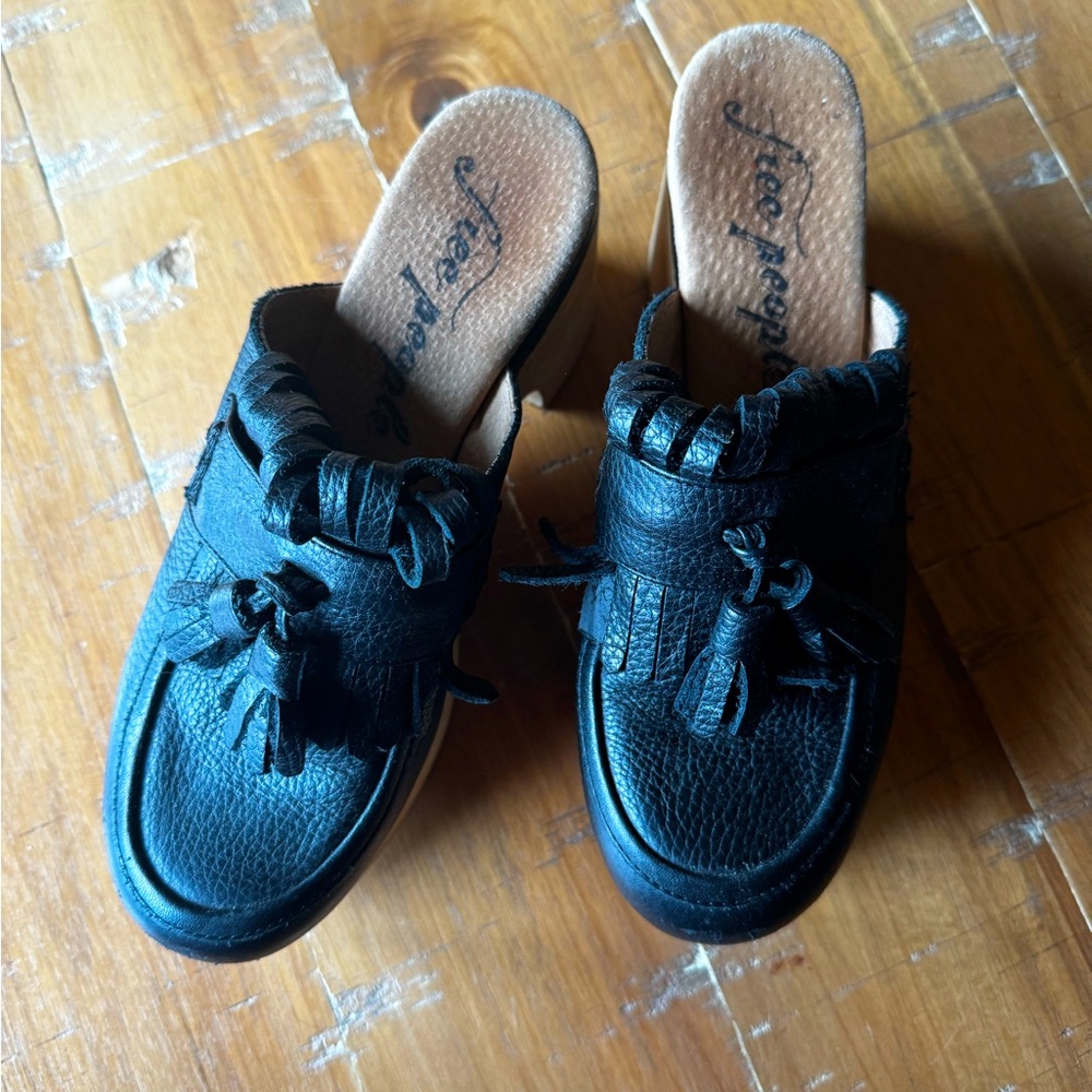 Free People Black Leather Tassel Mules